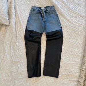 Agolde Classic Blue Denim Jeans with black leather detail